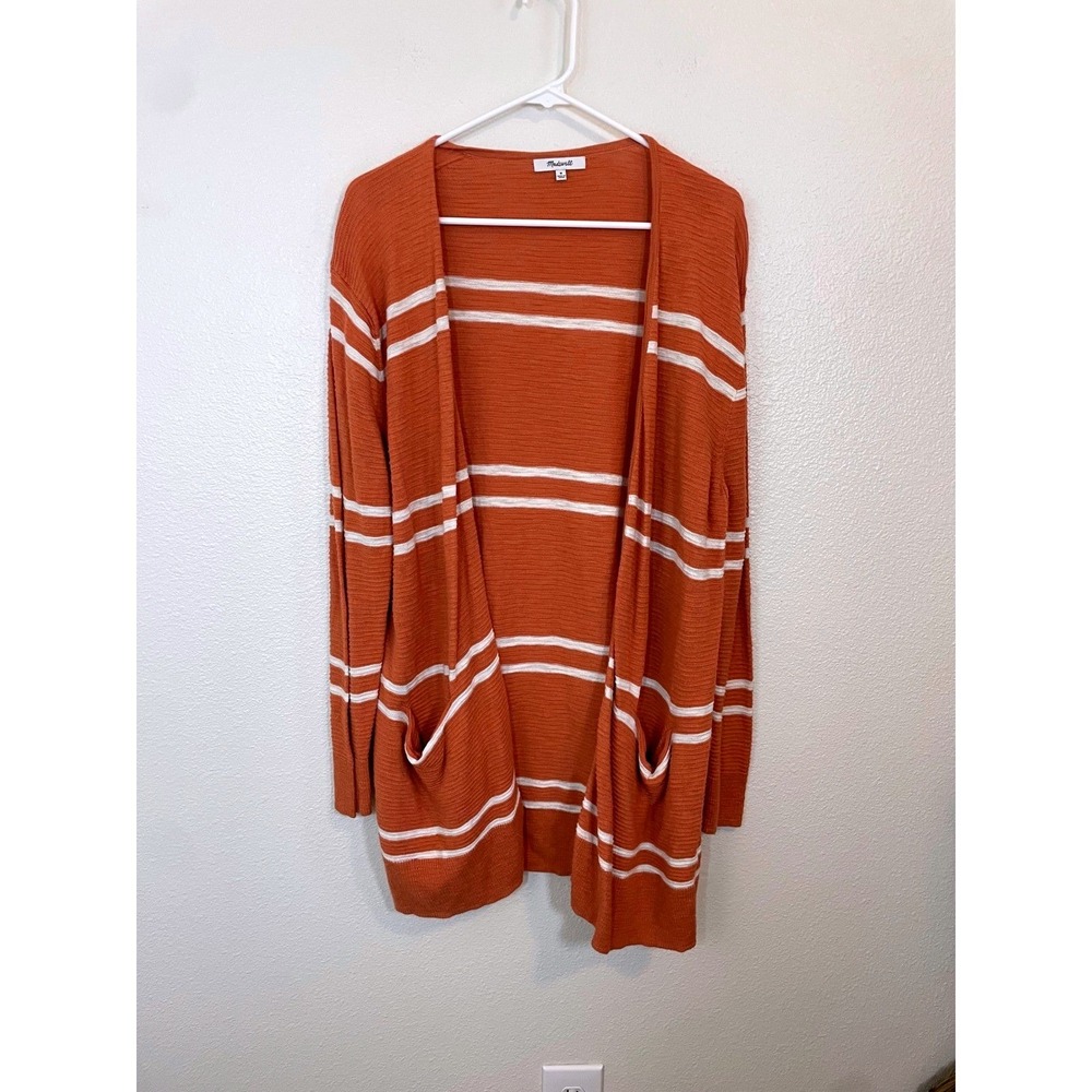 Madewell Women Medium Open Cardigan OrangeWhite Stripe Front Long Sleeve Sweater